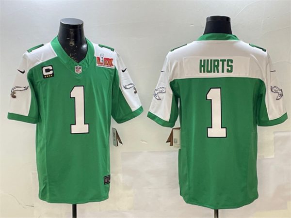 Men's Philadelphia Eagles #1 Jalen Hurts Green White 2025 Super Bowl LIX Patch And 4-Star C Patch F.U.S.E. Vapor Untouchable Limited Stitched Football Jersey - Custom Name