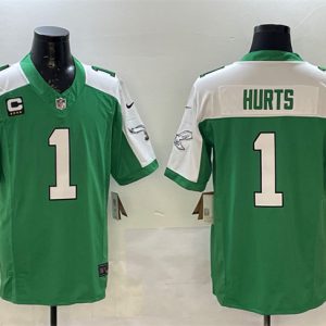 Men's Philadelphia Eagles #1 Jalen Hurts Green White F.U.S.E. 4-Star C Patch Vapor Untouchable Limited Stitched Football Jersey - Custom Name