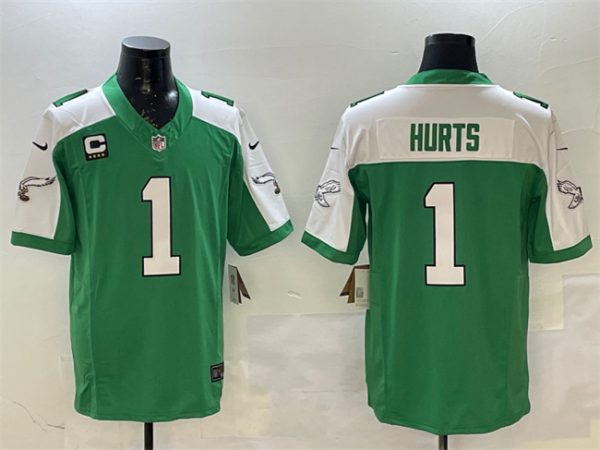 Men's Philadelphia Eagles #1 Jalen Hurts Green White F.U.S.E. 4-Star C Patch Vapor Untouchable Limited Stitched Football Jersey - Custom Name