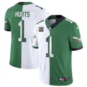 Men's Philadelphia Eagles #1 Jalen Hurts Green White Split 2025 With 3-Star C Patch Vapor Limited Stitched Football Jersey - Custom Name