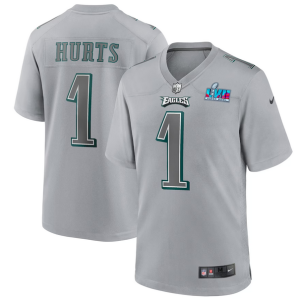 Men's Philadelphia Eagles #1 Jalen Hurts Grey Super Bowl LVII Patch Atmosphere Fashion Stitched Game Jersey - Custom Name