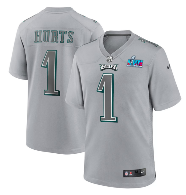 Men's Philadelphia Eagles #1 Jalen Hurts Grey Super Bowl LVII Patch Atmosphere Fashion Stitched Game Jersey - Custom Name