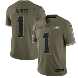 Men's Philadelphia Eagles #1 Jalen Hurts Olive 2022 Salute To Service Limited Stitched Jersey - Custom Name