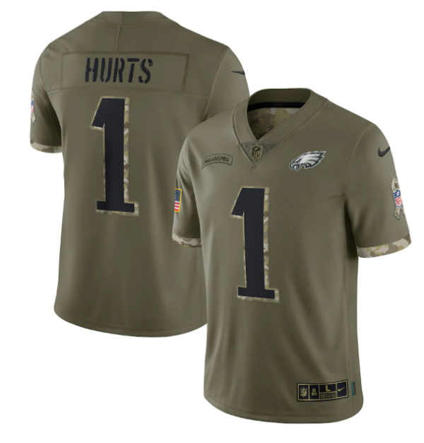 Men's Philadelphia Eagles #1 Jalen Hurts Olive 2022 Salute To Service Limited Stitched Jersey - Custom Name