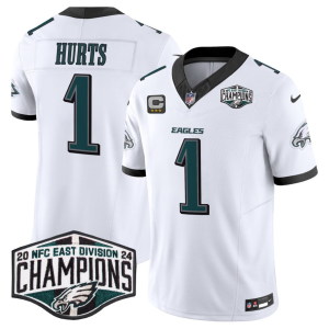 Men's Philadelphia Eagles #1 Jalen Hurts White 2024 New NFC East Champions With 3-Star C Patch F.U.S.E. Vapor Untouchable Limited Stitched Football Jersey - Custom Name