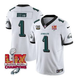 Men's Philadelphia Eagles #1 Jalen Hurts White 2025 Eagles Logo Super Bowl LIX Patch And 4-Star C Patch New F.U.S.E. Vapor Untouchable Limited Stitched Football Jersey - Custom Name