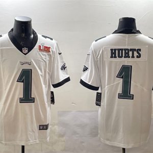 Men's Philadelphia Eagles #1 Jalen Hurts White 2025 Super Bowl LIX Patch Vapor Untouchable Limited Stitched Football Jersey - Custom Name