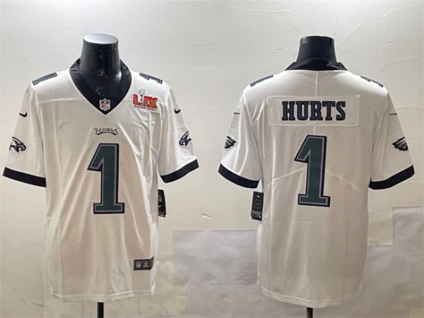 Men's Philadelphia Eagles #1 Jalen Hurts White 2025 Super Bowl LIX Patch Vapor Untouchable Limited Stitched Football Jersey - Custom Name
