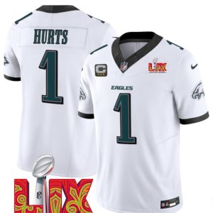 Men's Philadelphia Eagles #1 Jalen Hurts White F.U.S.E. 24 25 Super Bowl LIXWith 4-Star C Patch Vapor Untouchable Limited Stitched Football Jersey - Custom Name