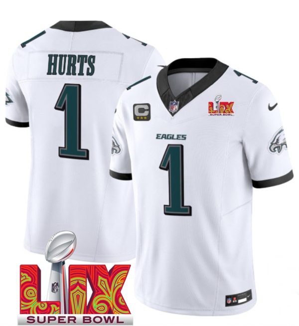 Men's Philadelphia Eagles #1 Jalen Hurts White F.U.S.E. 24 25 Super Bowl LIXWith 4-Star C Patch Vapor Untouchable Limited Stitched Football Jersey - Custom Name