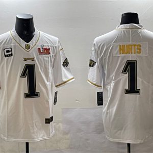 Men's Philadelphia Eagles #1 Jalen Hurts White Gold 2025 Super Bowl LIX Patch And 3-star C Patch Salute To Service Vapor Untouchable Limited Stitched Football Jersey - Custom Name