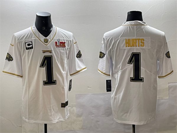 Men's Philadelphia Eagles #1 Jalen Hurts White Gold 2025 Super Bowl LIX Patch And 3-star C Patch Salute To Service Vapor Untouchable Limited Stitched Football Jersey - Custom Name