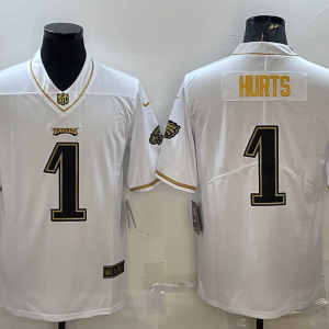 Men's Philadelphia Eagles #1 Jalen Hurts White Gold Limited Stitched Jersey - Custom Name