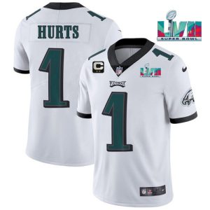 Men's Philadelphia Eagles #1 Jalen Hurts White Super Bowl LVII Patch And 2-star C Patch Vapor Untouchable Limited Stitched Jersey - Custom Name