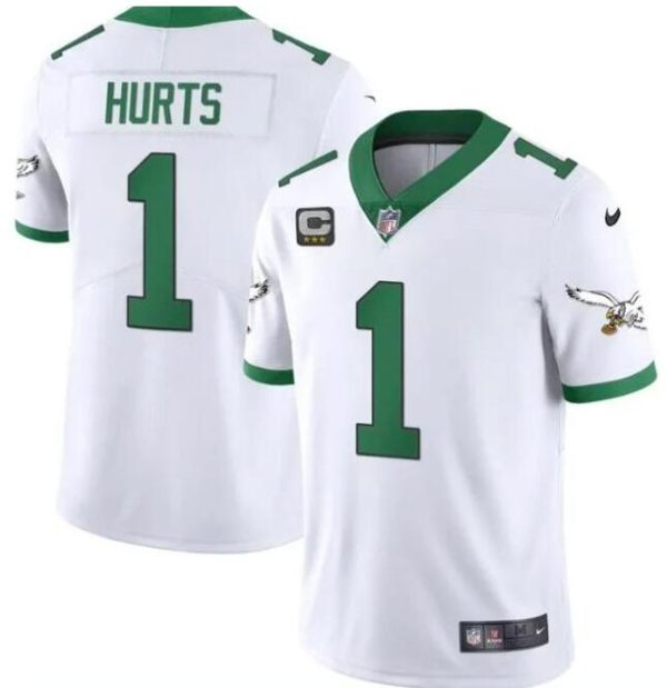 Men's Philadelphia Eagles #1 Jalen Hurts White Vapor Limited With C Patch Stitched Football Jersey - Custom Name