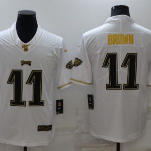 Men's Philadelphia Eagles #11 A. J. Brown 100th Season Golden Edition Stitched Jersey - Custom Name
