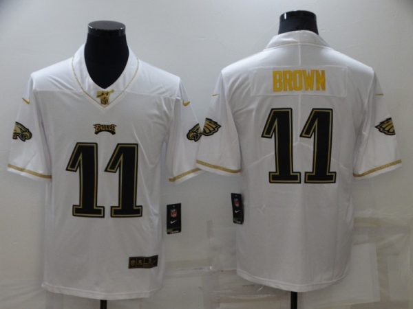 Men's Philadelphia Eagles #11 A. J. Brown 100th Season Golden Edition Stitched Jersey - Custom Name