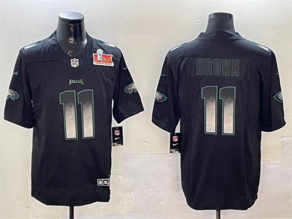 Men's Philadelphia Eagles #11 A. J. Brown Black 2025 Super Bowl LIX Patch Smoke Fashion Vapor Untouchable Limited Stitched Football Jersey - Custom Name