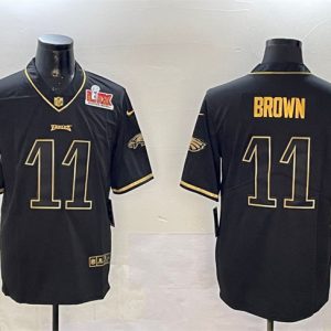 Men's Philadelphia Eagles #11 A. J. Brown Black Gold 2025 Super Bowl LIX Patch Salute To Service Vapor Untouchable Limited Stitc - Custom Name