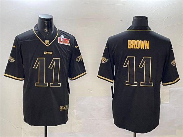 Men's Philadelphia Eagles #11 A. J. Brown Black Gold 2025 Super Bowl LIX Patch Salute To Service Vapor Untouchable Limited Stitc - Custom Name