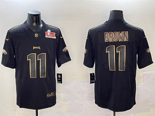 Men's Philadelphia Eagles #11 A. J. Brown Black Gold 2025 Super Bowl LIX Patch Vapor Untouchable Limited Stitched Football Jersey - Custom Name