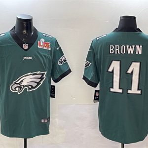 Men's Philadelphia Eagles #11 A. J. Brown Green 2025 Super Bowl LIX Patch Team Big Logo Vapor Untouchable Limited Stitched Football Jersey - Custom Name
