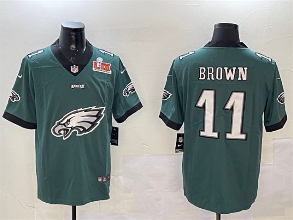Men's Philadelphia Eagles #11 A. J. Brown Green 2025 Super Bowl LIX Patch Team Big Logo Vapor Untouchable Limited Stitched Football Jersey - Custom Name