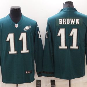 Men's Philadelphia Eagles #11 A. J. Brown Green Therma Long Sleeve Stitched Jersey - Custom Name