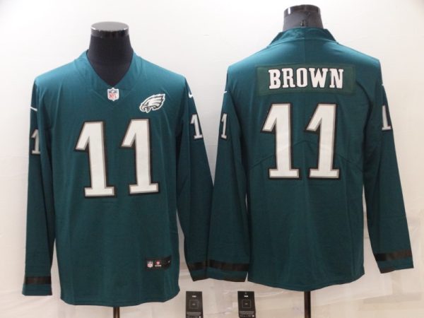 Men's Philadelphia Eagles #11 A. J. Brown Green Therma Long Sleeve Stitched Jersey - Custom Name