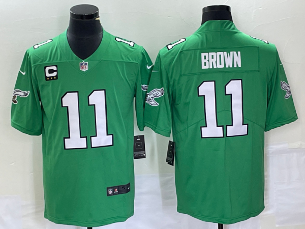 Men's Philadelphia Eagles #11 A. J. Brown Green With C Patch Stitched Football Jersey - Custom Name