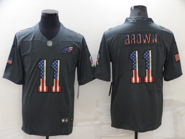 Men's Philadelphia Eagles #11 A. J. Brown Grey Salute To Service USA Flag Stitched Jersey - Custom Name