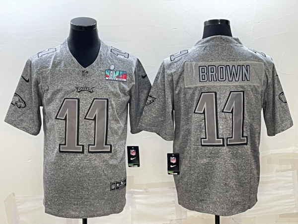 Men's Philadelphia Eagles #11 A. J. Brown Grey Super Bowl LVII Patch Stitched Jersey - Custom Name