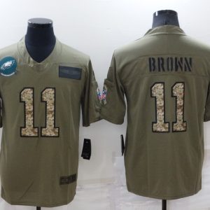 Men's Philadelphia Eagles #11 A. J. Brown Olive Camo Salute To Service Limited Stitched Jersey - Custom Name