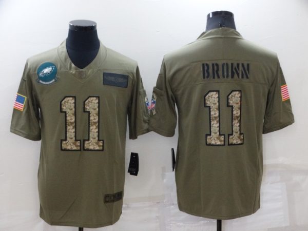 Men's Philadelphia Eagles #11 A. J. Brown Olive Camo Salute To Service Limited Stitched Jersey - Custom Name