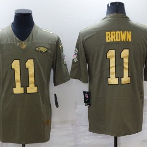 Men's Philadelphia Eagles #11 A. J. Brown Olive Gold Salute To Service Limited Stitched Jersey - Custom Name