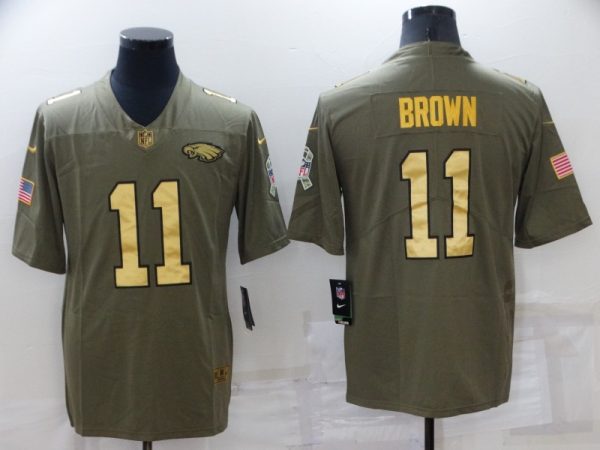Men's Philadelphia Eagles #11 A. J. Brown Olive Gold Salute To Service Limited Stitched Jersey - Custom Name