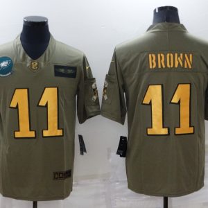 Men's Philadelphia Eagles #11 A. J. Brown Olive Gold Salute To Service Limited Stitched Jersey1 - Custom Name