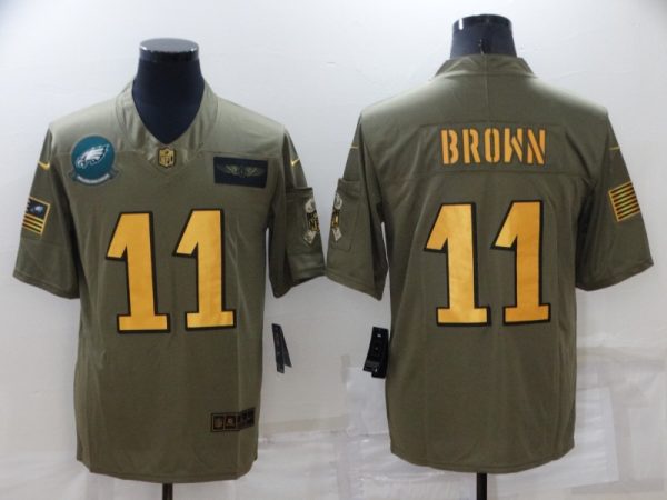 Men's Philadelphia Eagles #11 A. J. Brown Olive Gold Salute To Service Limited Stitched Jersey1 - Custom Name