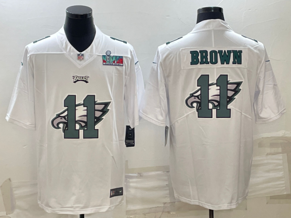 Men's Philadelphia Eagles #11 A. J. Brown Super Bowl LVII Patch White Shadow Logo Limited Stitched Jersey - Custom Name
