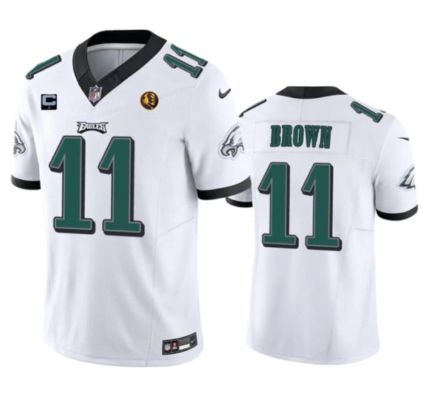 Men's Philadelphia Eagles #11 A. J. Brown White 2023 F.U.S.E. With 1-star C Patch And John Madden Patch Vapor Limited Stitched Football Jersey - Custom Name