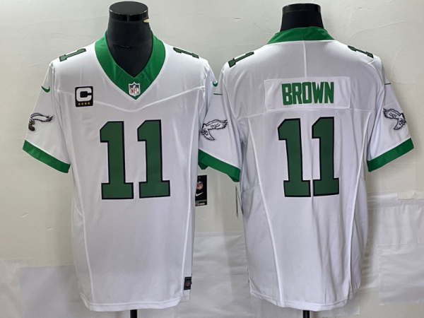 Men's Philadelphia Eagles #11 A. J. Brown White 2023 F.U.S.E. With C Patch Vapor Untouchable Stitched Football Jersey - Custom Name