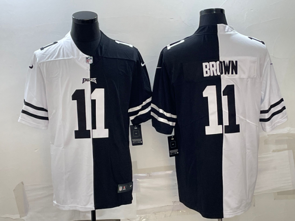 Men's Philadelphia Eagles #11 A.J. Brown Black & White Split Limited Stitched Jersey - Custom Name
