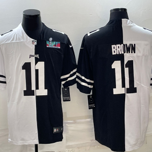Men's Philadelphia Eagles #11 A.J. Brown Black & White Split Super Bowl LVII Patch Limited Stitched Jersey - Custom Name