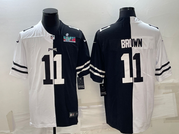 Men's Philadelphia Eagles #11 A.J. Brown Black & White Split Super Bowl LVII Patch Limited Stitched Jersey - Custom Name