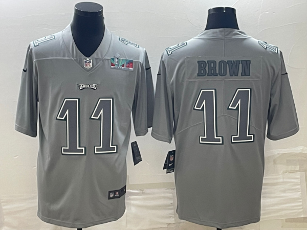 Men's Philadelphia Eagles #11 A.J. Brown Gray Super Bowl LVII Patch Atmosphere Fashion Stitched Jersey - Custom Name