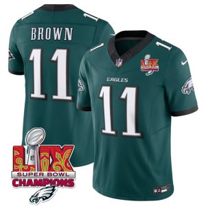 Men's Philadelphia Eagles #11 A.J. Brown Green 2025 Eagles Logo Super Bowl LIX Patch New F.U.S.E. Vapor Untouchable Limited Stitched Football Jersey - Custom Name