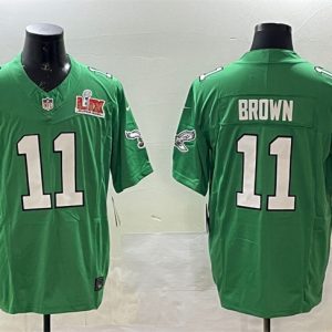 Men's Philadelphia Eagles #11 A.J. Brown Green 2025 Super Bowl LIX Patch F.U.S.E. Throwback Vapor Untouchable Limited Stitched Football Jersey - Custom Name