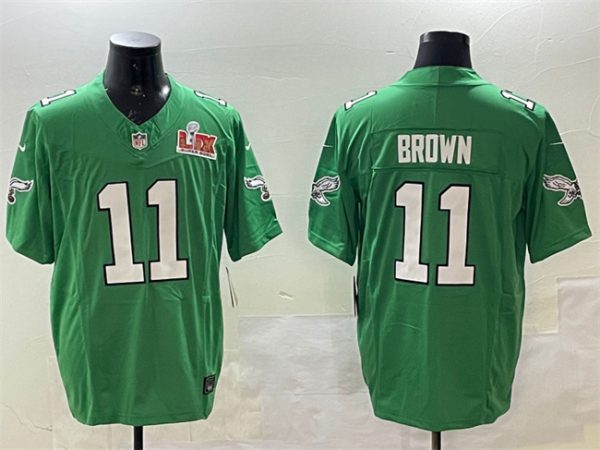 Men's Philadelphia Eagles #11 A.J. Brown Green 2025 Super Bowl LIX Patch F.U.S.E. Throwback Vapor Untouchable Limited Stitched Football Jersey - Custom Name