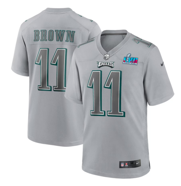 Men's Philadelphia Eagles #11 A.J. Brown Grey Super Bowl LVII Patch Atmosphere Fashion Stitched Game Jersey - Custom Name