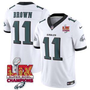 Men's Philadelphia Eagles #11 A.J. Brown White 2025 Eagles Logo Super Bowl LIX Patch New F.U.S.E. Vapor Untouchable Limited Stitched Football Jersey - Custom Name